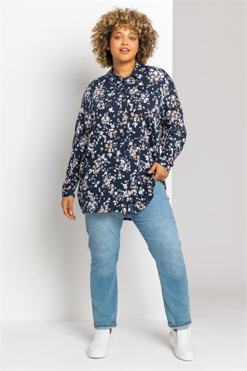 Navy Curve Ditsy Floral Print Shirt, Image 3 of 4