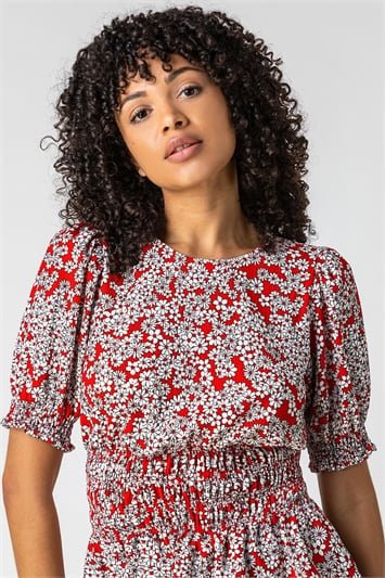 Red Shirred Bodice Floral Crinkle Top