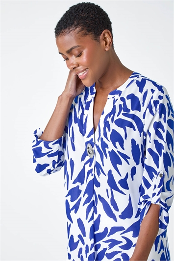 Blue Abstract  V-Neck Longline Button Detail Top