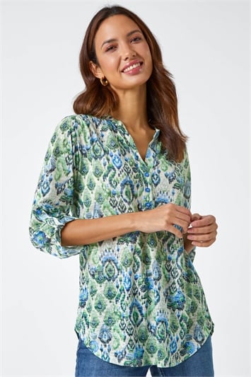 Green Aztec Burnout Print Relaxed Top