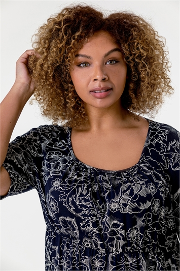 Navy Curve Floral Print Gathered Top, Image 4 of 5