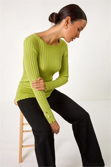 Green Button Detail Ribbed Longline Jumper