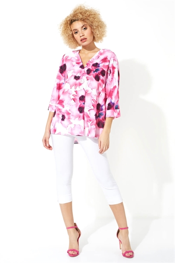 Fuchsia Floral Print Oversized Button Top, Image 2 of 8