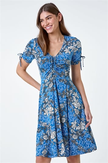 Blue Floral Gathered Tie Detail Stretch Dress