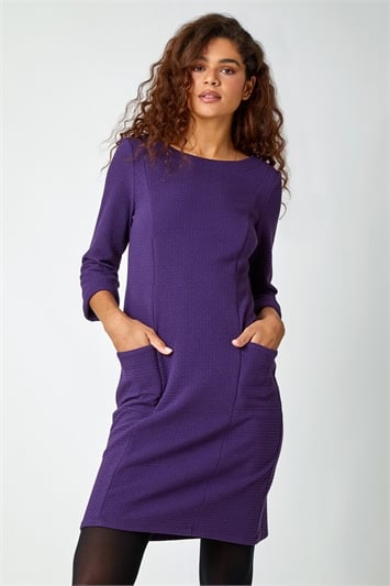 Purple Textured Cotton Blend Shift Stretch Dress