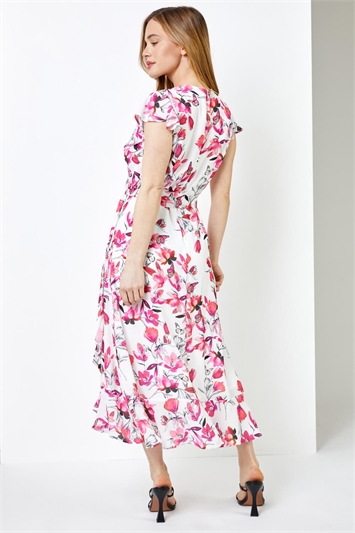 Pink Petite Floral Chiffon Frill Wrap Dress, Image 2 of 4