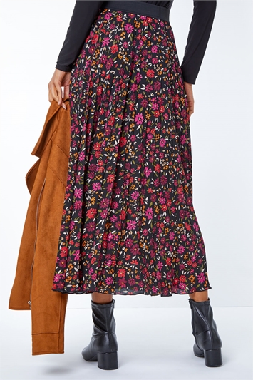 Black Floral Print Pleated Midi Skirt, Image 4 of 5