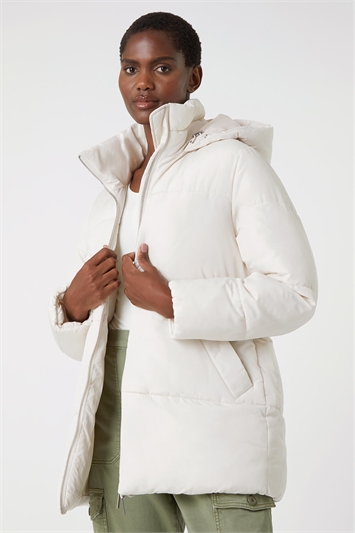White Padded Hooded Mid Length Coat