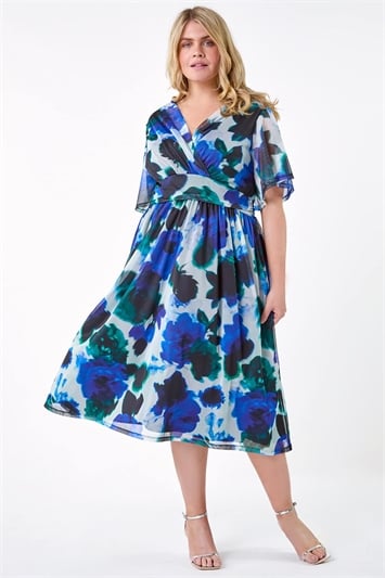 Blue Curve Abstract Print Stretch Mesh Wrap Dress