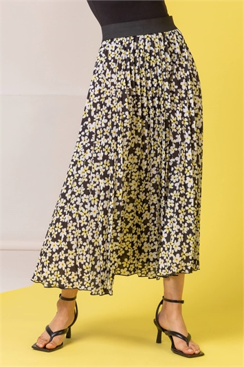 Black Daisy Floral Print Pleated Skirt, Image 2 of 4