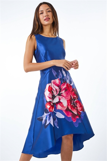 Floral Print Dipped Hem Jacquard Dress In Royal Blue Roman Originals Uk