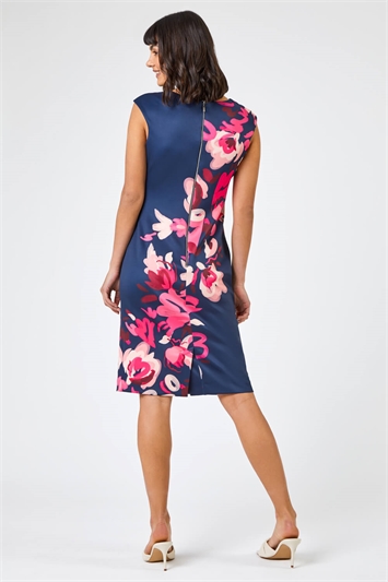 Navy Floral Print Fitted Premium Stretch Dress, Image 2 of 5