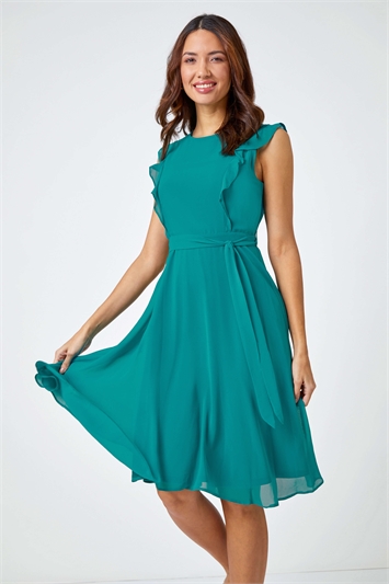 Blue Sleeveless Frill Detail Chiffon Dress