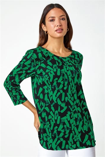 Green Cotton Abstract Print Pleated Tunic Top