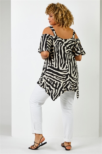 Black Curve Abstract Animal Print Cold Shoulder Top, Image 2 of 5