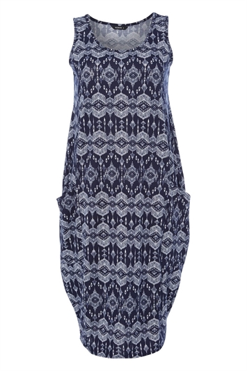 Navy Aztec Print Slouch Pocket Cocoon Dress, Image 4 of 4