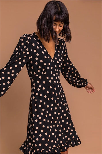 Black Frill Detail Spot Print Dress, Image 1 of 5