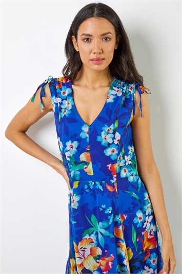 Blue Floral Print Frill Detail Maxi Dress, Image 4 of 5