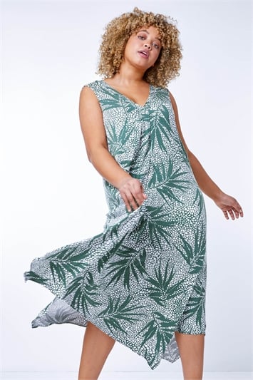 Khaki Curve Leaf Print Hanky Hem Dress