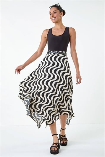 Black Swirl Print Belted Hanky Hem Midi Skirt