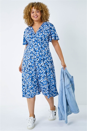 Blue Curve Floral Print Midi Wrap Dress