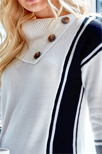 Ivory & Black Textured Knit Button Detail Stripe Jumper, Image 4 of 4