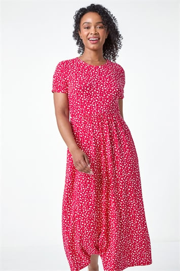 Red Petite Spot Print Stretch Midi Dress