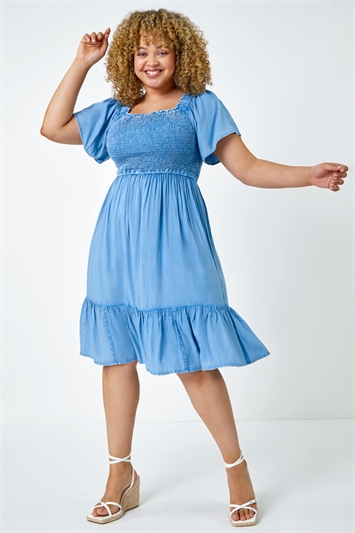 Blue Curve Shirred Stretch Dress