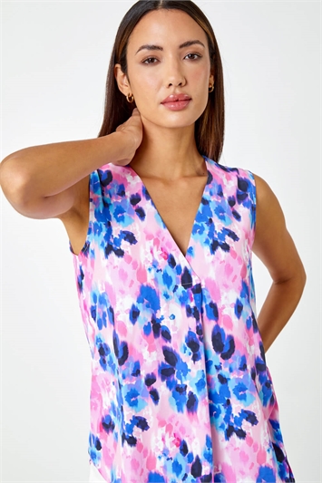 Multi Sleeveless Floral Pleat Front Top