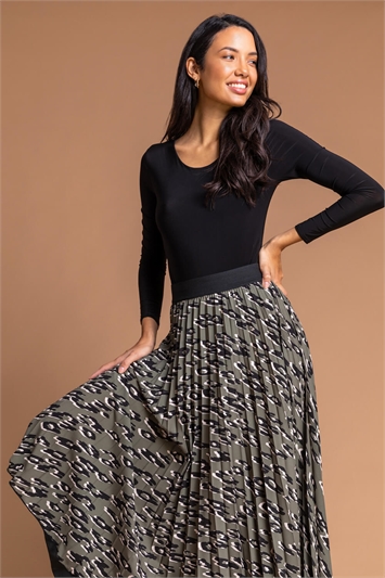 Khaki Animal Print Pleated Maxi Skirt, Image 4 of 5