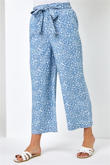 Light Blue Ditsy Floral Print Waist Tie Culottes, Image 2 of 5