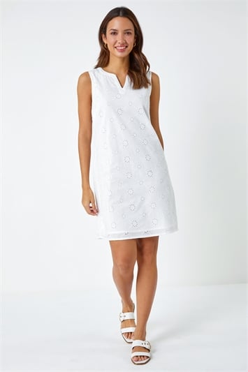 White Embroidered Cotton Shift Dress
