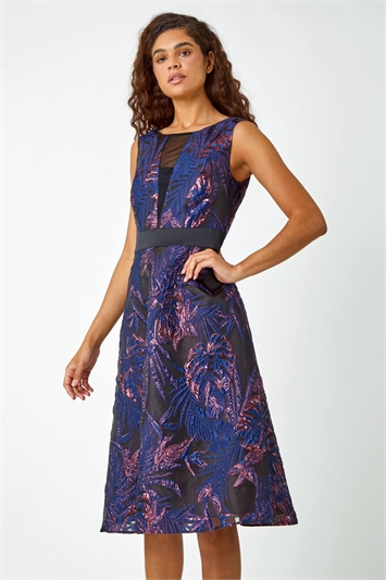 Blue Metallic Floral Print Jacquard Dress