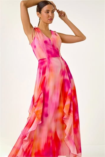 Pink Abstract Print Frill Maxi Dress
