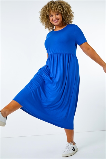 Royal Blue Curve Gathered Skirt Midi Stretch Dress, Image 4 of 5