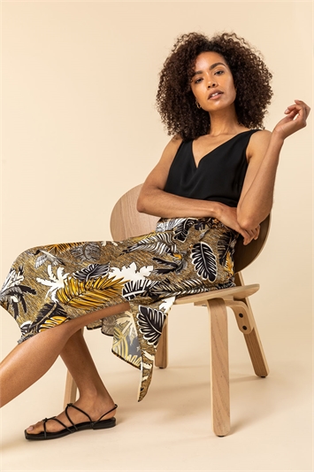 Ochre Tropical Print Pleat Detail Skirt