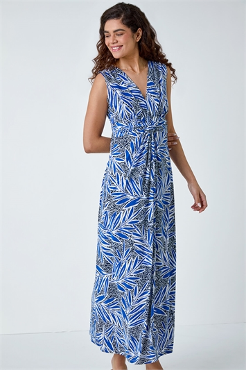 Blue Tropical Puff Print Twist Stretch Maxi Dress