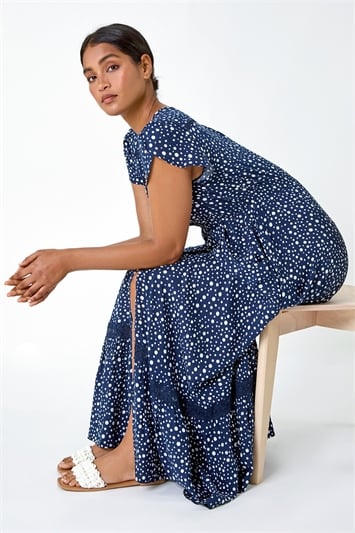 Blue Polka Dot Lace Detail Maxi Dress