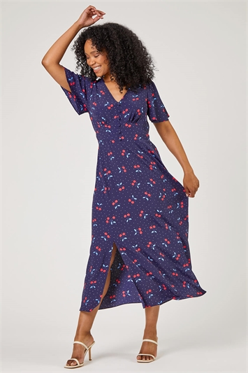 Navy Petite Cherry Spot Print Fit & Flare Dress, Image 3 of 5