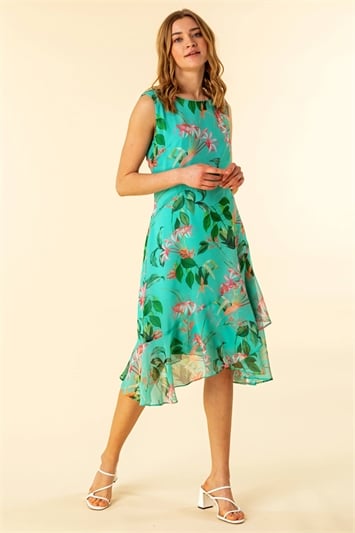 Turquoise Tropical Print Chiffon Dress, Image 1 of 4