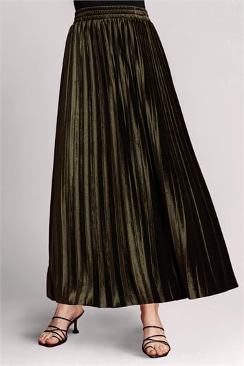 Olive Velour Pleated Midi Skirt, Image 1 of 5
