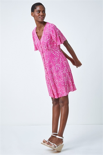 Pink Ditsy Spot Print Button Dress