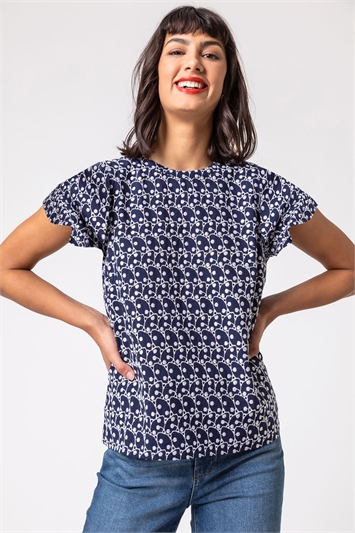 Navy Broderie Spot Frill Sleeve Detail Top, Image 1 of 4