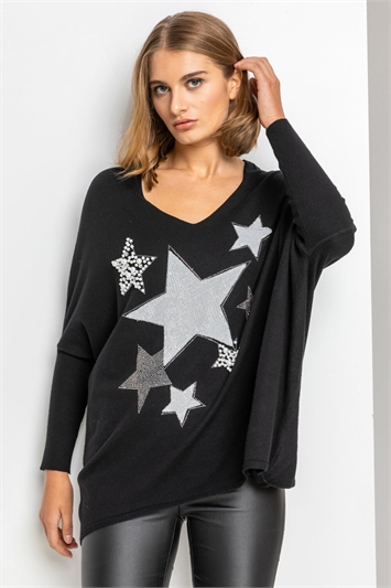 Black Sparkle Star Embellished Comfy Top