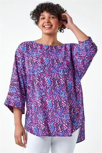 Purple Curve Abstract Print Dipped Hem Top
