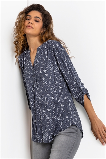 Blue & Grey Ditsy Floral Notch Neck Top, Image 4 of 5