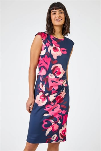 Navy Floral Print Fitted Premium Stretch Dress, Image 1 of 5
