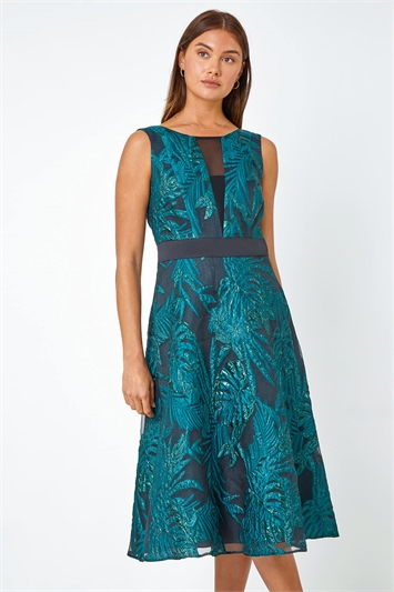 Green Metallic Floral Print Jacquard Dress