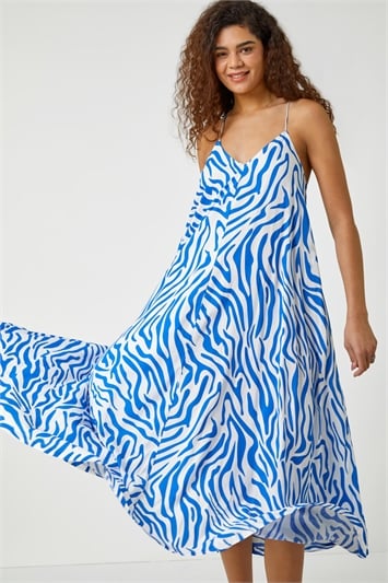 Blue Animal Print Halter Neck Maxi Dress