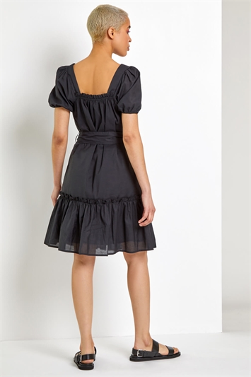 Black Puff Sleeve Tiered Square Neck Dress, Image 2 of 5